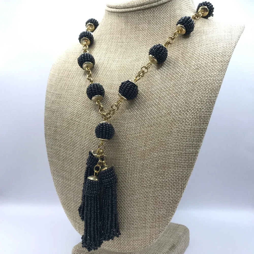 Elegant Black Seed Beads and Gold-Tone Accents with Beaded Tassels Necklace - Picture 4 of 8